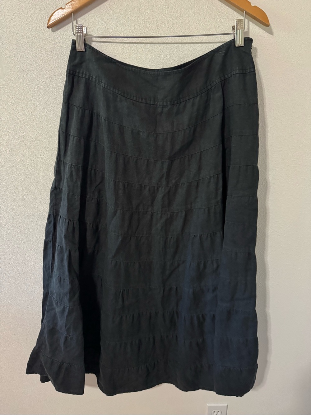 Talbots Irish Linen Tiered Midi Skirt Black A-Line Side Zipper Lagenlook-12